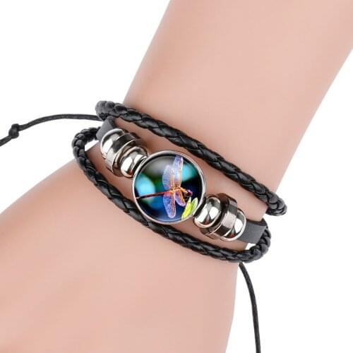 Cute Pretty Dragonfly Lovely Insect Crystal Cabochon Black Leather Bracelet Women Girls Multi-layer Punk Bangle Men Jewelry