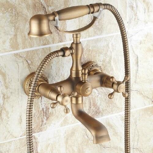 Vintage Retro Antique Brass Wall Mount Bathroom Tub Faucet Set with 1.5M Handheld Shower Spray Head Mixer Tap 2tf121