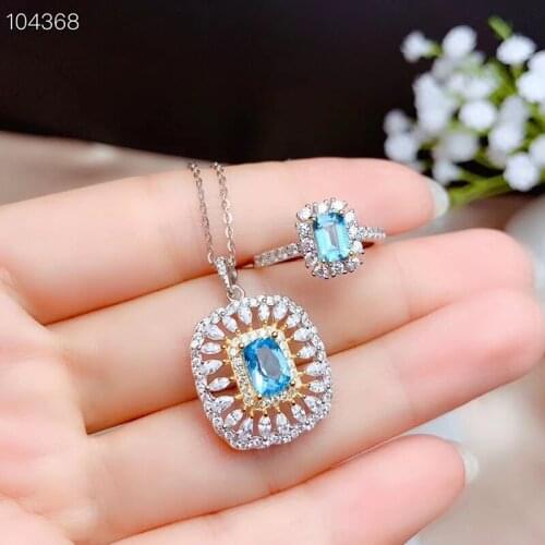 925 Sterling Silver Natural Blue Topaz Jewelry Sets Square Ring Pendant For Women Party Fine Jewelry Real Topaz Gemstones #Q33