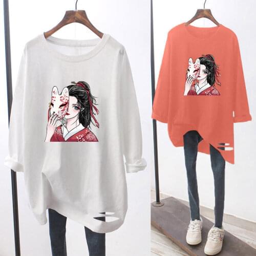 Personality Tee Long Sleeve 2021 Summer Mid-Length Anime Fox Mask Women Loose T-shirt Thin All Match Top for Women