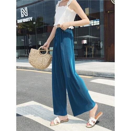 2019 Women pants Pleated ice silk chiffon wide leg pants strained high waist was thin hair legs loose straight wild long pants