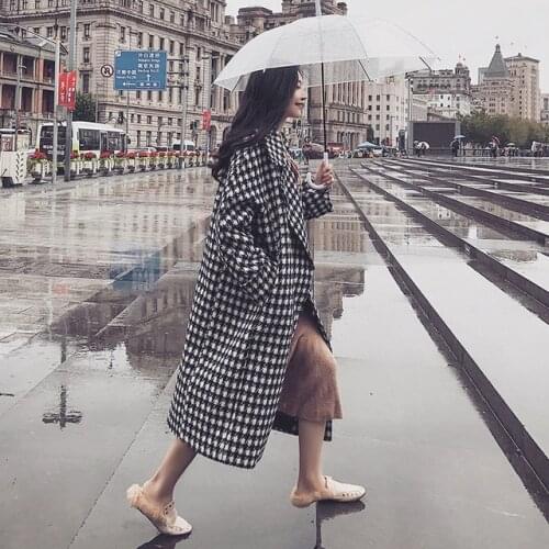 Long Wool Coat Jacket Women Autumn Winter Warm Vintage Plaid Houndstooth Runway Woolen Blend Overcoat Female Outerwear Clothing