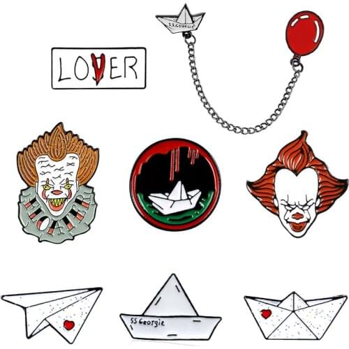 Horrible movie Joker Brooches Stephen Kings SS Georgie Enamel Pins Paper Plane Boat Red Balloon chain Brooch Jewelry For fans