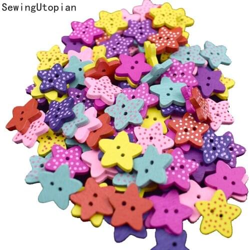 15MM Stars Mixed Two Holes Dot Pattern Wood Buttons Decorative Sewing Button for Scrapbooking Accessories Craft DIY Decoration