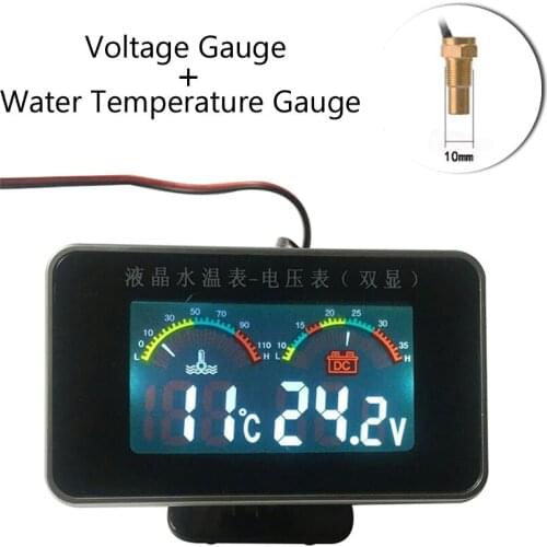 2 In 1 12v/24v LCD Screen Car Truck Voltmeter Voltage Gauge Water Temperature Gauge With M10 Temperature sensor screw Universal