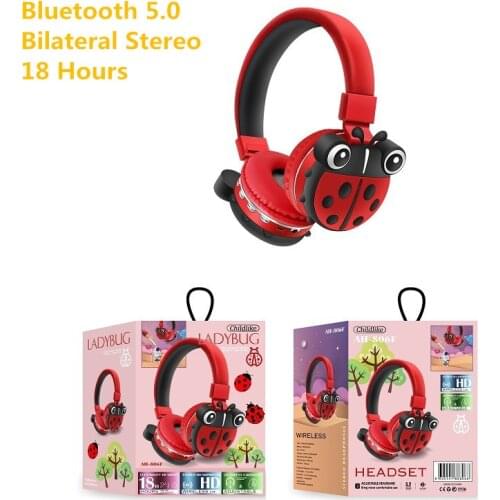Red Wireless Kids Headset Bluetooth 5.0 Cartoon Cute Insects Earwith Stereo Sound Earphone For Christmas Birthday Gift Boy Girl