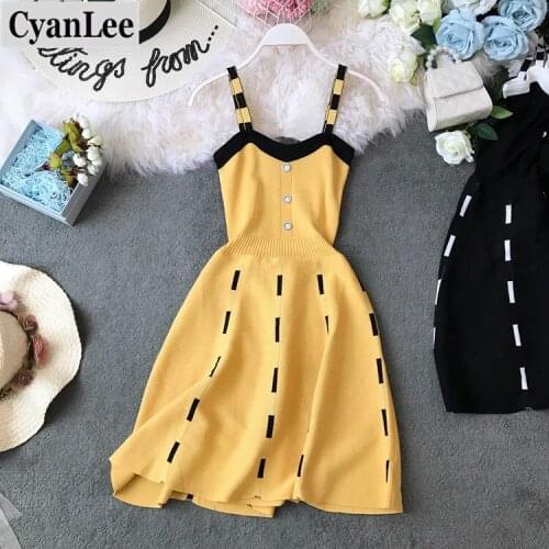 Cyanlee Summer Sweet Knitted Tank A-line Dress Women 2020 New Fashion Striped Contrast Midi Dresses Female Casual Robe Vestidos