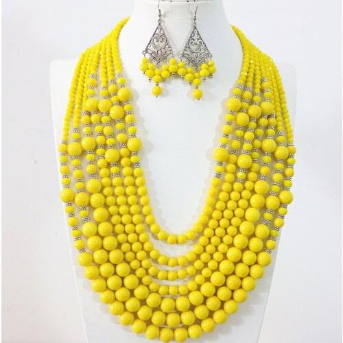 Hot Yellow Lemon 7 Rows Necklace Earrings Round Shell Simulated-pearl Crystal Ababcus Beads Handmade Jewelry Set B1297