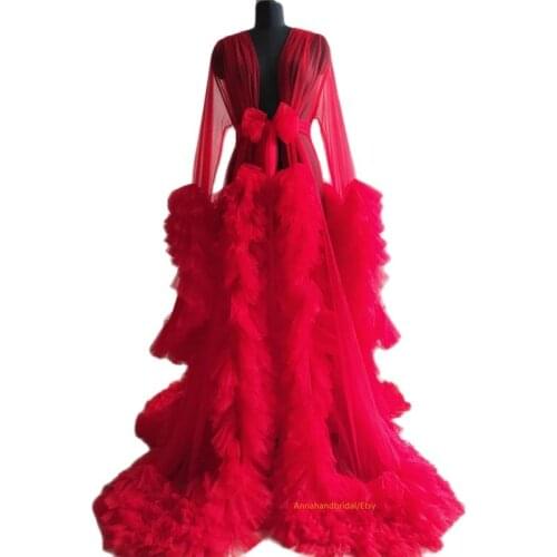 Red Maternity Dress for Photoshoot Tiered Skirts Chic Kimono Pregnant Party Sleepwear Women Bathrobe Nightgown Robe Ruffles