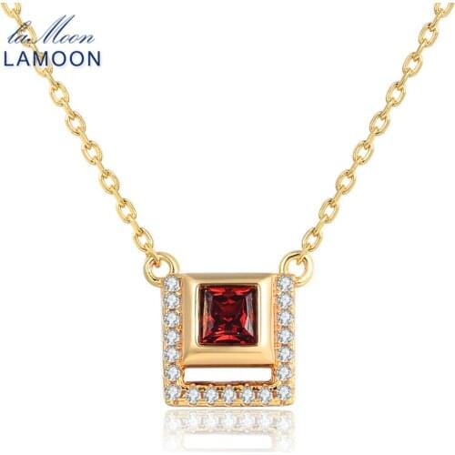 LAMOON- Square 4mm 0.25ct 100% Natural Red Garnet 925 Sterling Silver Jewelry Chain Pendant Necklace S925 LMNI020