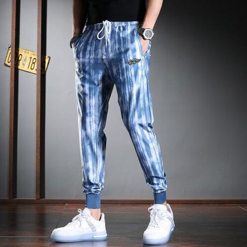 Fashion Stripe Pants Men Blue And White Handsome Joggers Casual Streetwear Drawstring Trousers