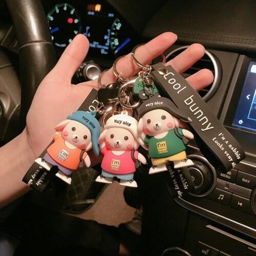 Cute Cartoon Cap Bunny Keychain Creative Anime Doll Backpack Pendant Keyrig ornaments for Women Men Car Keyfob Gifts
