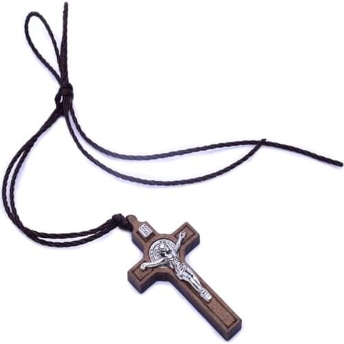 Jesus Cross Necklace Wood Metal Pendant Jewelry Men Womens Catholic Religious Au03 21 Dropshipping