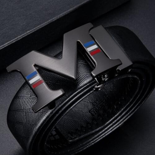 Barry.Wang M Letter Buckle Belt for Men Black Leather Belt Gray Automatic Slide Buckle Cowhide Belt Male Stripe Waist Strap