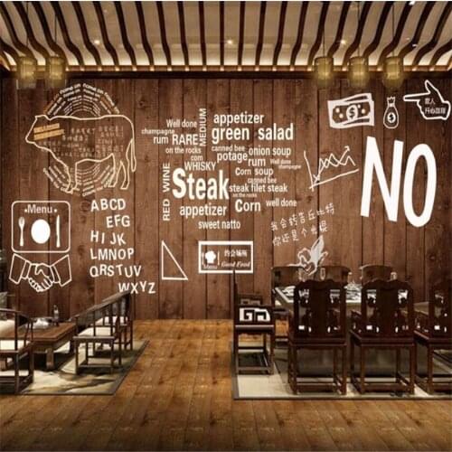 Custom wallpaper 3D mural wood board text steak barbecue hot pot restaurant background decorative wall papers home decor mural