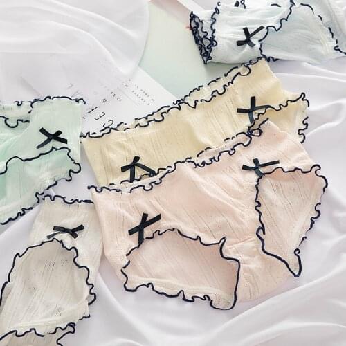 Cute Bow Underwear Girls Pleated Lace Mesh Seamless Underpants Cotton Solid Panties Middle Waist Lingerie Lovely Briefs Thongs