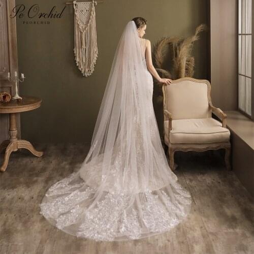 PEORCHID New Arrival Applique Lace Wedding Veils With Comb Soft Tulle 3M Cathedral Veil Bride Veil Long Voile De Mariage
