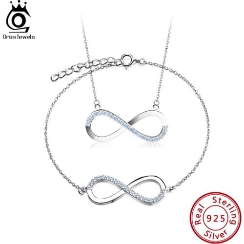 ORSA JEWELS Infinity Necklace Bracelets Jewelry Set For Women Elegant 4A CZ Genuine 925 Sterling Silver Fine Jewelry Sets SS68
