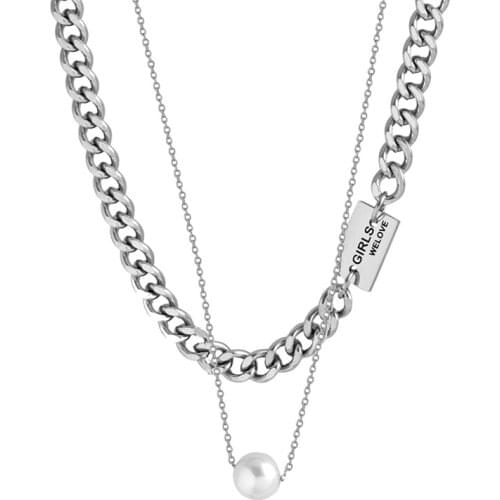 316L stainless ssteel fadeless double laminated pearl square letter necklace 2021 summer new collarbone chain INS tide cold wind