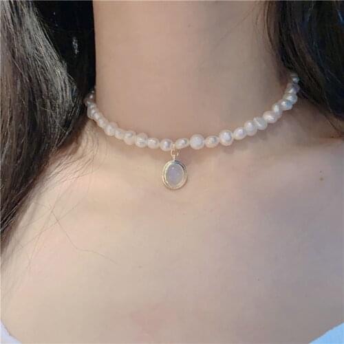 Baroque Freshwater Pearl Necklace Irregular Pearl Collar Chokers Moonstone Pendant Clavicle Chain Necklace Charm Women Jewelry