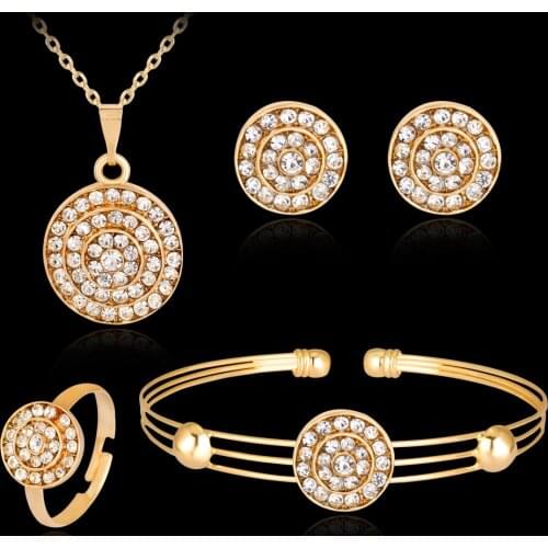 Full Rhinestones Round Set Jewelry Necklace Earrings Ring Bracelet for Women Fashion Bridal Wedding Jewelry Sets