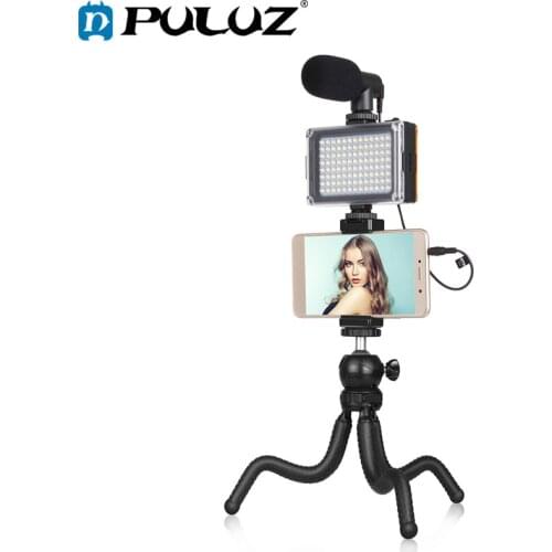PULUZ 4 in 1 Smartphone Video Rig For YouTube/Filming/Vlogging with Mini Octopus Tripod & LED Light &Phone Clamp & Microphone