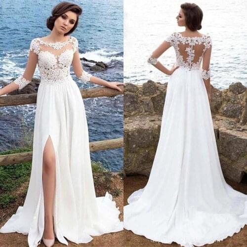 Romantic High Slit Lace Beach Wedding Dress 2020 Sexy Illusion Back Half Sleeve Wedding Bridal Gowns Vestido de Noiva