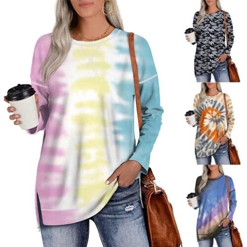 S-XXL Autumn and winter ladies long-sleeved tie-dye printed round neck sweater T-shirt to keep warm among us Casual fashion F4