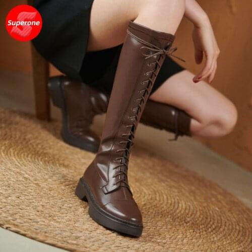 Superone Size 31-43 Women Shoes Fashion Mid Calf Boots Low Heels Ridding Boots Cool Long Boots Autumn Winter Ladies Footwear