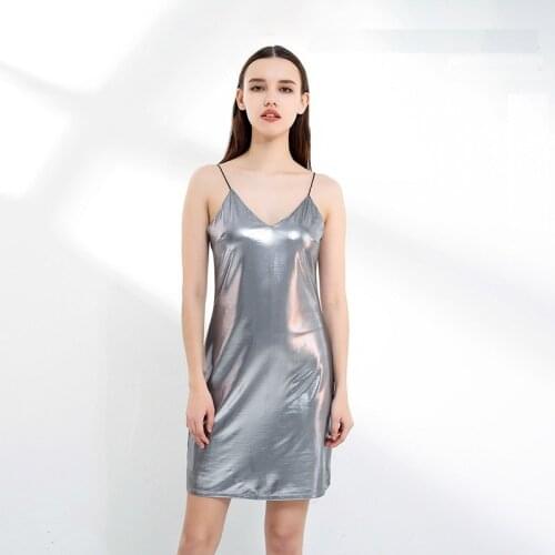 Hologram silk smooth soft mini dress silver metallic sexy spicy street spicy sparkling dress