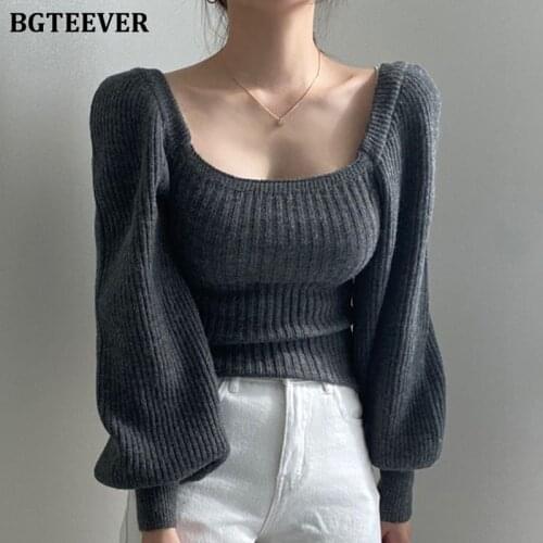 BGTEEVER Vintage Square Collar Women Knitted Pullovers 2021 Autumn Fashion Skinny Long Sleeve Female Solid Sweaters Jumpers