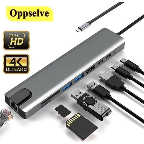8 in 1 USB Hub USB Type C Adapter 8 Smart Expansion Ports To Rj45 HDMI-Compatible Type C Connector SD TF Card Reader For Macbook