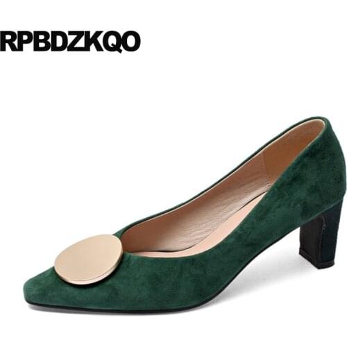 Evening Trending High Heels Metal Medium Size 11 Pumps Suede 33 10 Pointed Toe Girls Famous Plus Chunky Green Dress Shoes Women