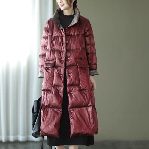 ZCWXM Winter Women White Duck Down Coat Double Sided Stand Collar Double Breasted Warm Snow Outwear Lapel Plaid Long Jacket