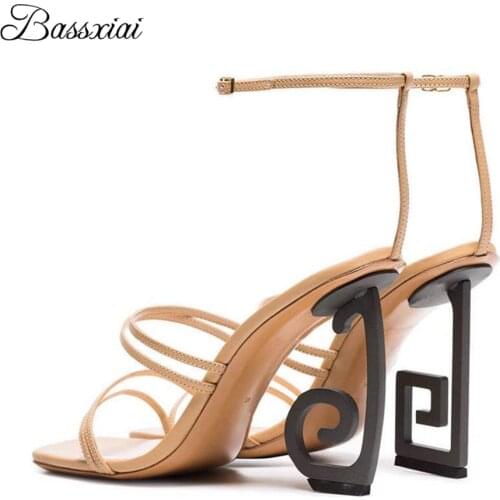 Novelty Fretwork Asymmetrical Heel Sandals Women Sexy Narrow Band Real Leather Strange Heels Party Shoes Summer
