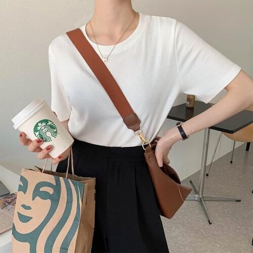 Womens Basic Crop Top Short Sleeve T Shirts for 2021 Korean Fashion Trends High Quality Clothing Office Ladies Solid Color Tees