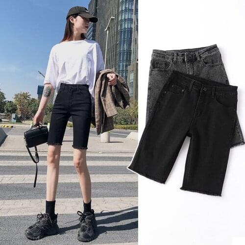 2021 Summer Vintage Knee-Length Denim Shorts for Women Casual Tassel High Wasit Korean Skinny Straight Pencil Shorts Jeans Z40