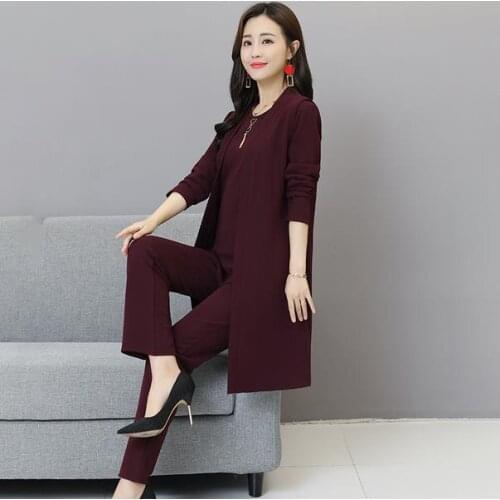 Spring 3 Piece Set Women Long Coat T-shirt And Pants Sets Casual Elegant Three Piece Sets Suits Womens Costumes AE848