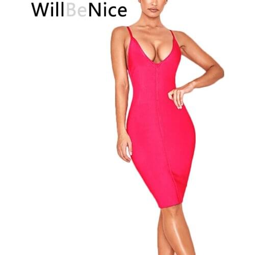WillBeNice 2019 Hot Pink Spaghetti Strap V Neck Sexy Fashion Knee Length Club Party Dress 2019 Summer Bandage Dress Woman China