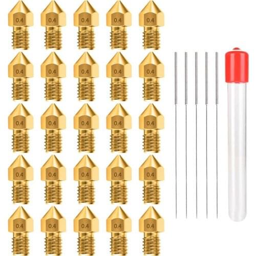 0.4MM MK8 Terminal 3 End Nozzles 25 3D Printer Brass Nozzle Extruder with 5 Cleaning Needles and Plastic Container