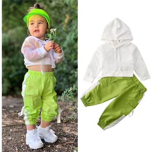 2020 Summer Child Toddler Kids Girls Outfits Clothes Long Sleeve Mesh T shirt Solid Tops Sports pants Clothes Sets 1-6Y