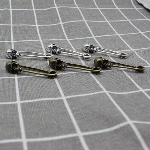 4pcs 3D Skull Head Pin Charm 49*14mm Ancient copper Silver color Fit Bracelets Necklace DIY Metal Jewelry Making X1889