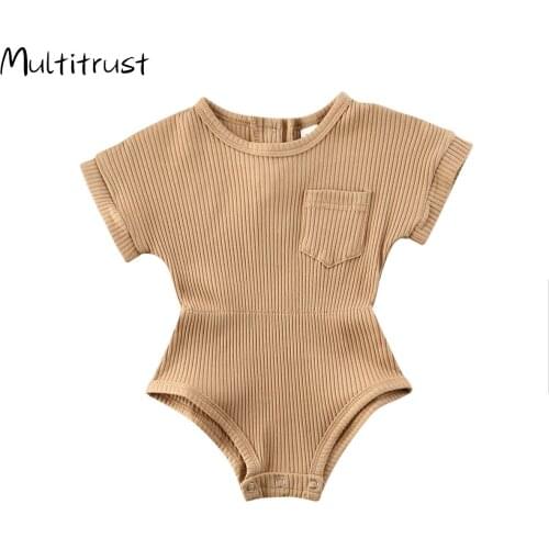 Multitrust Summer Infant Baby Girls Boys Short Sleeve Pocket Romper Jumpsuit Toddler Infant Cotton Ribbed Knitted Outfit Clothes