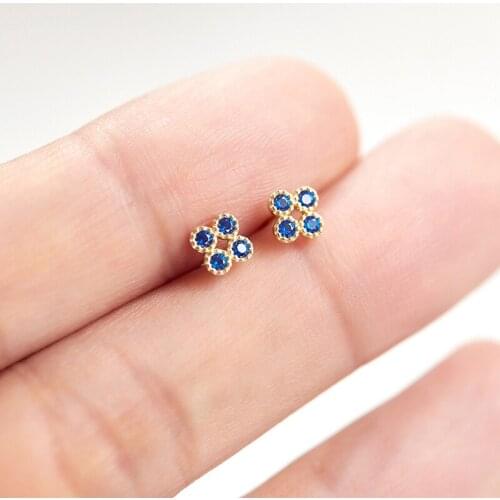 Elegant Round Blue CZ Stud Earring Real 925 Sterling Silver tiny Jewelry dainty cute Earrings For girl Daughter