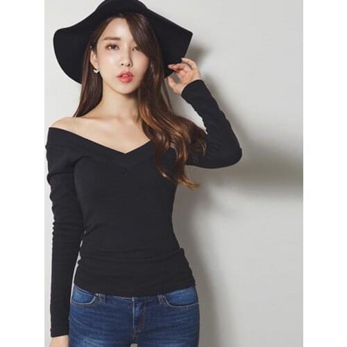 Vetement Femme 2019 Tshirts Cotton Women Korean Clothes Sexy Deep V-Neck T-Shirt Long Sleeve Casual T Shirt Female Womens Tops