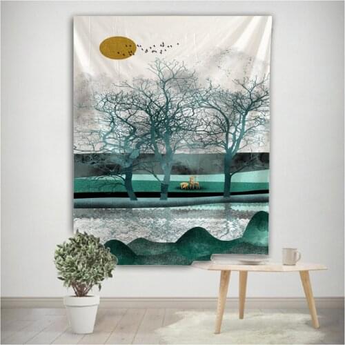 Fawn Mural Moon Tree Mountain Pattern Tapestry Art Deco Blanket Curtain Hanging Home Bedroom Living Room Decoration