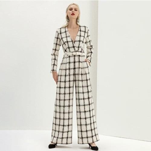 YIGELILA New Arrivals Plaid Jumpsuits V-neck Full Sleeves Office Lady Jumpsuits High Quality With Belt Jumpsuits 5923