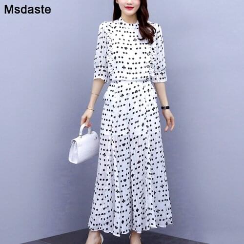 Women clothing set 2 Piece:Blouse+pants Wide leg lady Pants Summer Womens Dot Print Chiffon Female casual Suit Woman Set