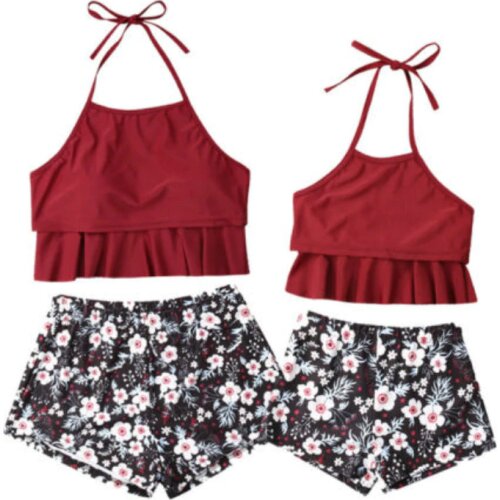 Summer Mom And Me Clothes Family Matching Swimsuit Women Kid Girls Flower Print Halter Tops Shorts 2 Piece Swimwear