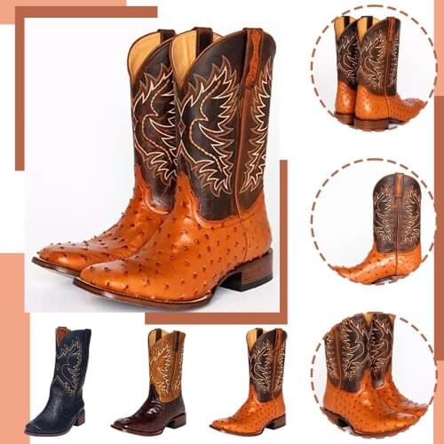 Men Shoes Fashion Trend Color Matching PU Stitching Personality Totem Square Toe Thick Heel Western Cowboy Martin Boots 2021